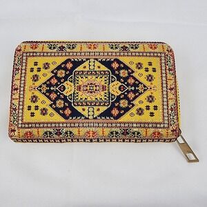 Oriental Carpet Purse Clutch Zipper‎ Yellow Red Black 4 Compartments Plus Coin